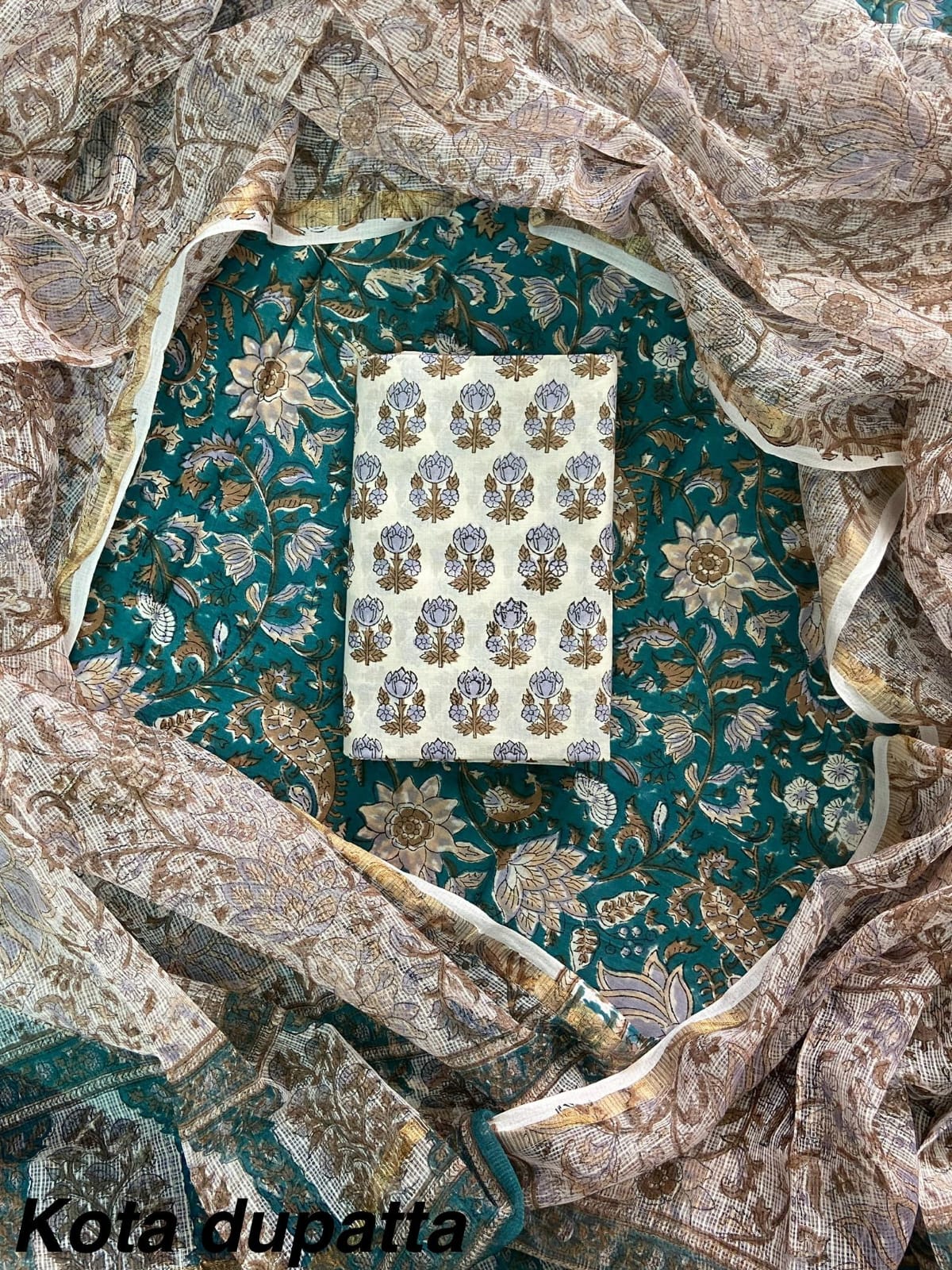 TRADITIOANAL HAND BLOCK PRINT COTTON SUIT SET WITH KOTA DORIA DUPATTA