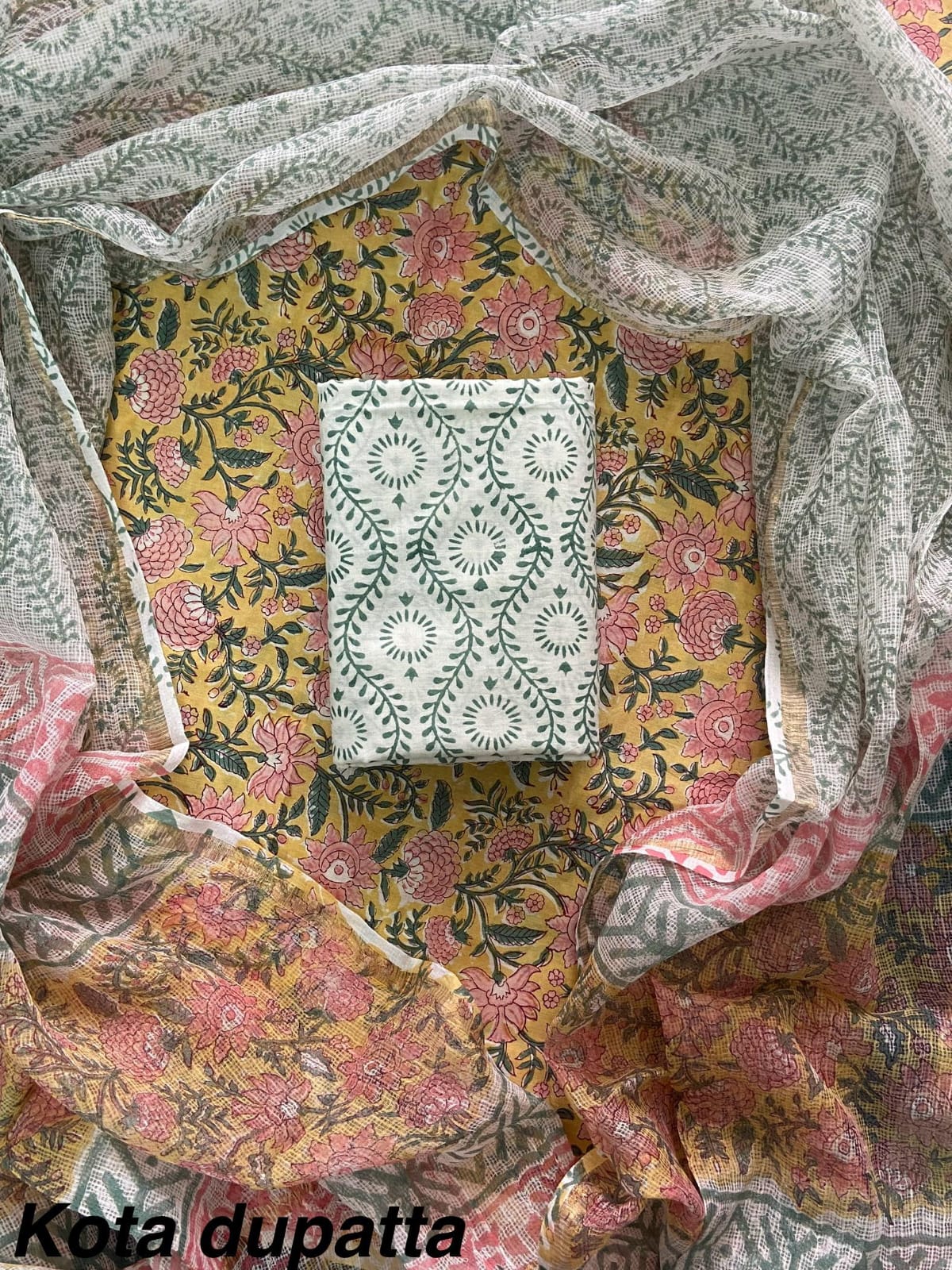 Excusive Hand Block Print Cotton Suit Set with Kota Doria Dupatta