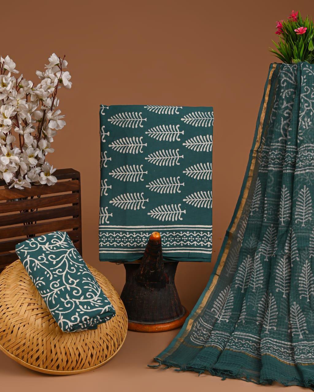 DESIGNER HAND BLOCK PRINT COTTON SUIT SET WITH KOTA DORIA DUPATTA