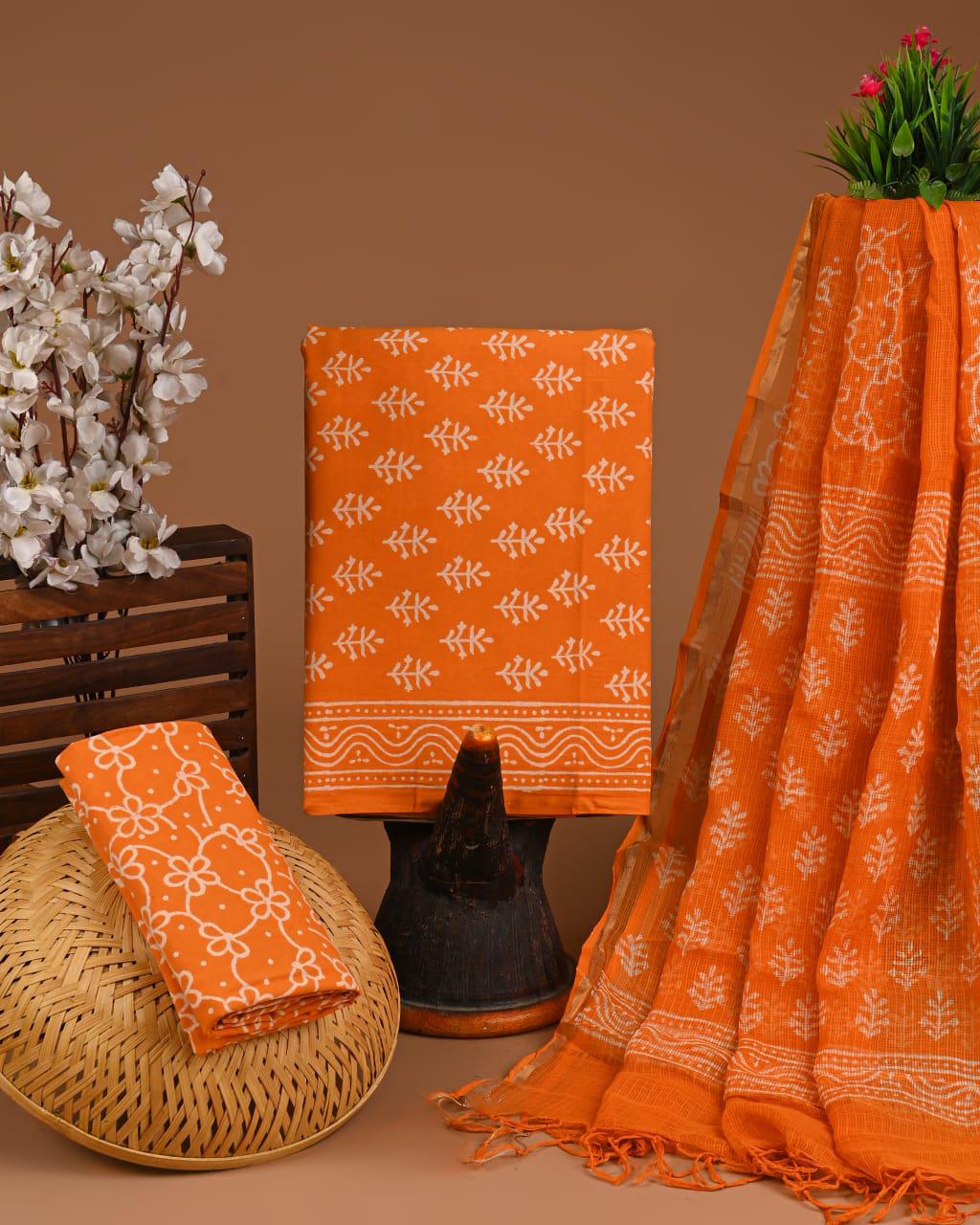 DESIGNER HAND BLOCK PRINT COTTON SUIT SET WITH KOTA DORIA DUPATTA
