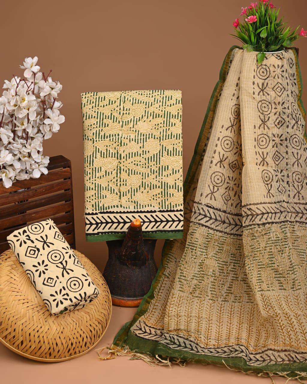 DESIGNER HAND BLOCK PRINT COTTON SUIT SET WITH KOTA DORIA DUPATTA