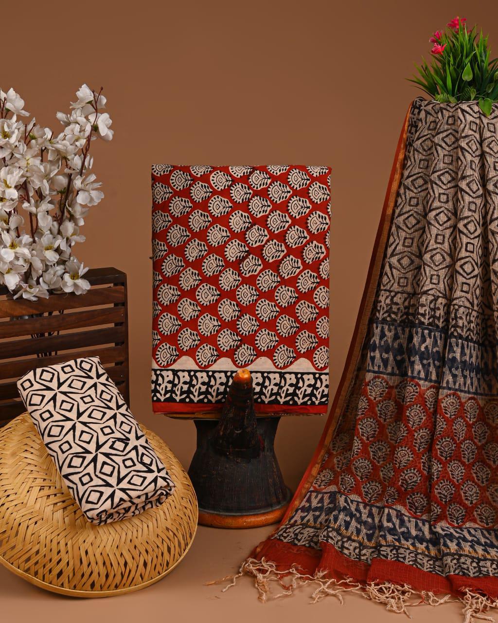 DESIGNER HAND BLOCK PRINT COTTON SUIT SET WITH KOTA DORIA DUPATTA