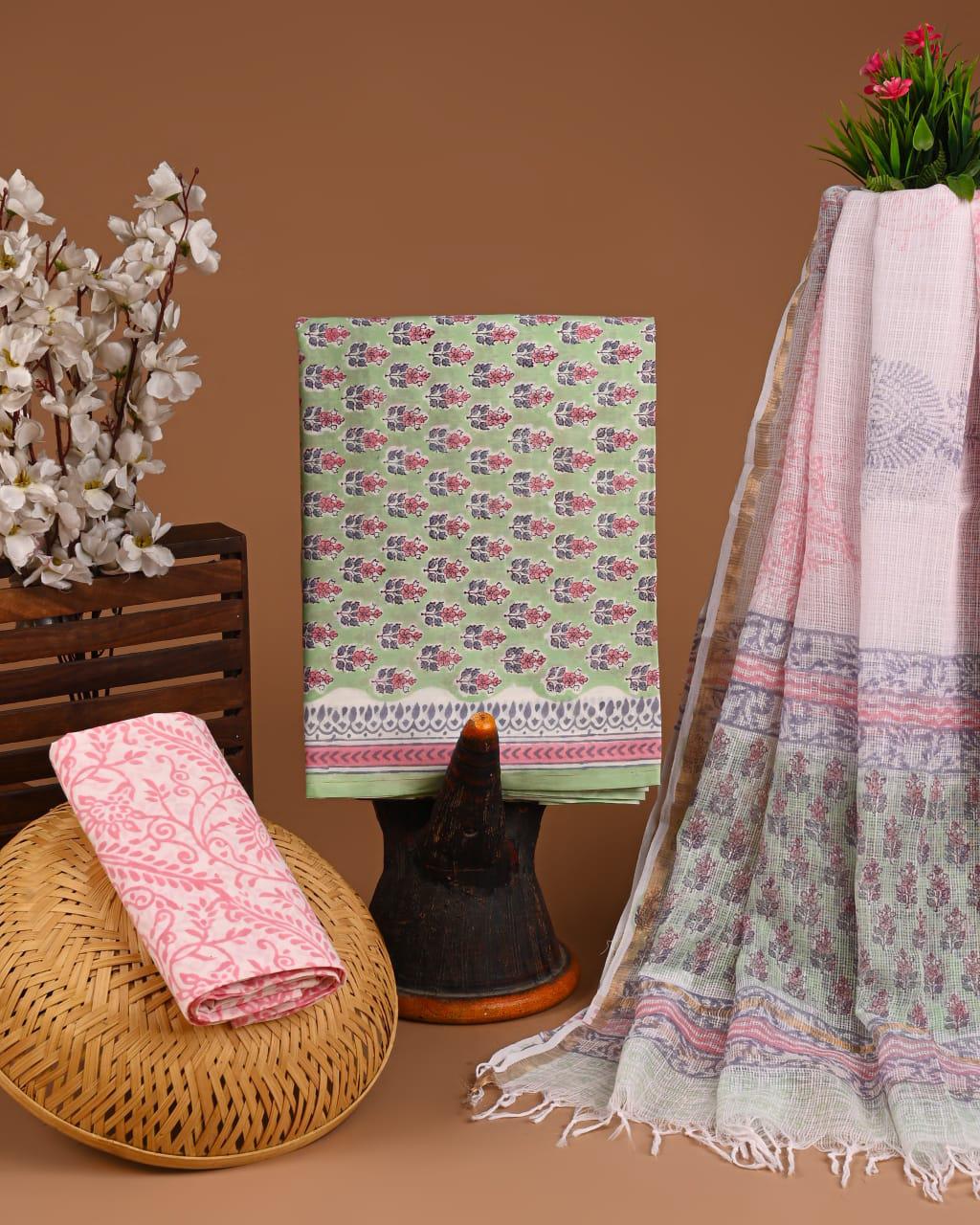DESIGNER HAND BLOCK PRINT COTTON SUIT SET WITH KOTA DORIA DUPATTA