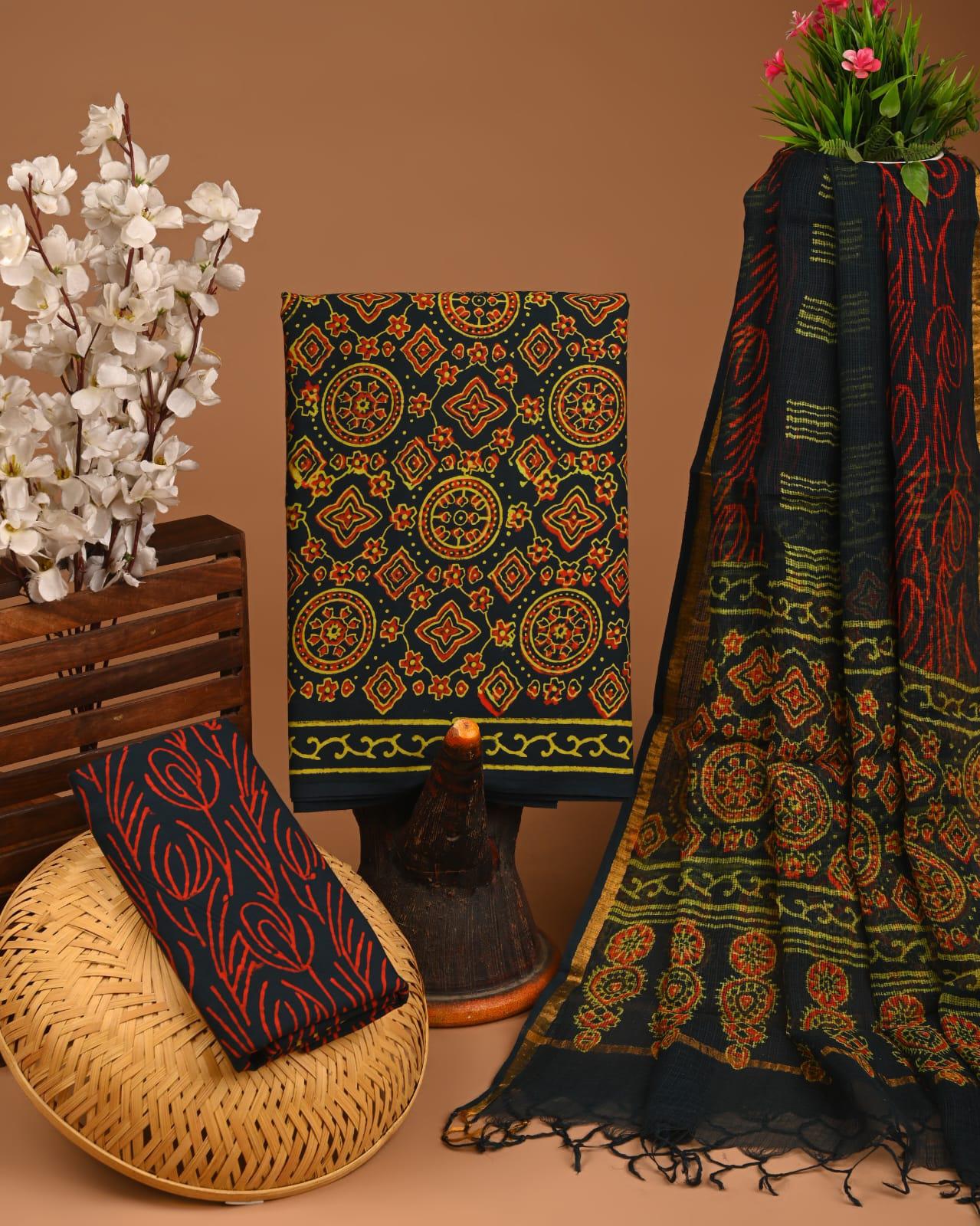 DESIGNER HAND BLOCK PRINT COTTON SUIT SET WITH KOTA DORIA DUPATTA