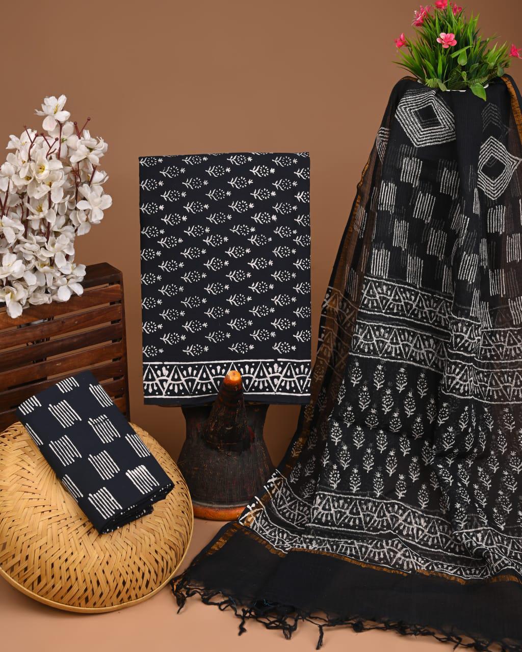 DESIGNER HAND BLOCK PRINT COTTON SUIT SET WITH KOTA DORIA DUPATTA