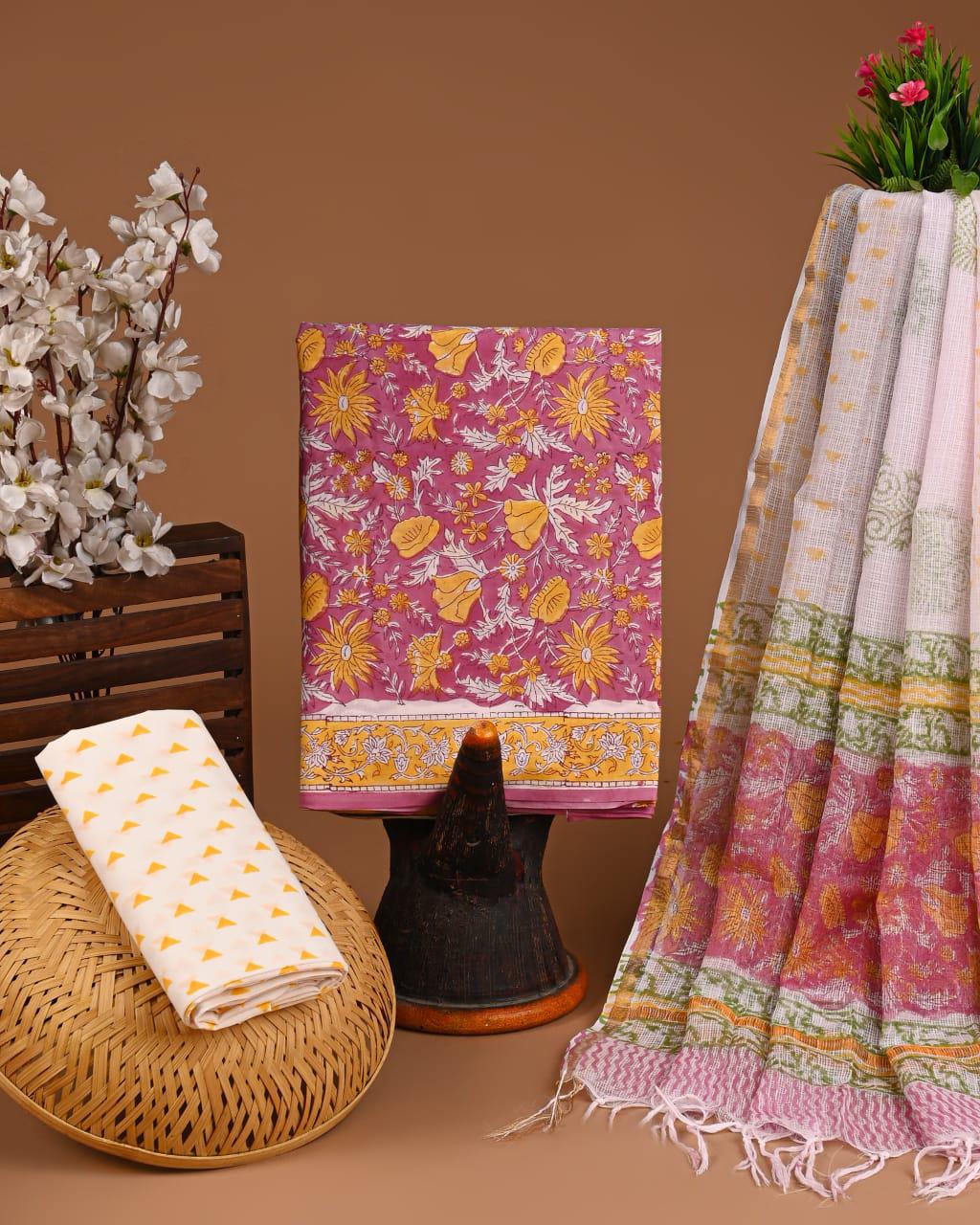 DESIGNER HAND BLOCK PRINT COTTON SUIT SET WITH KOTA DORIA DUPATTA