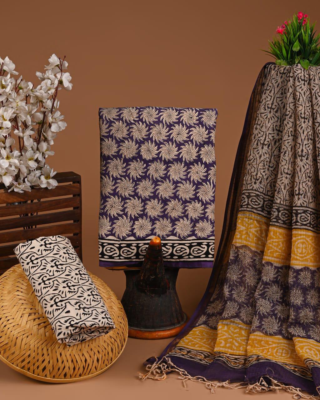 DESIGNER HAND BLOCK PRINT COTTON SUIT SET WITH KOTA DORIA DUPATTA