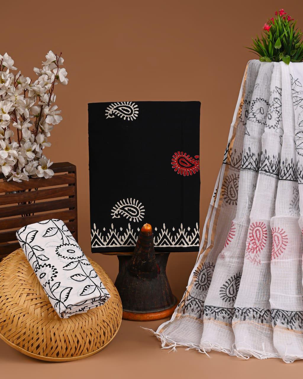 DESIGNER HAND BLOCK PRINT COTTON SUIT SET WITH KOTA DORIA DUPATTA