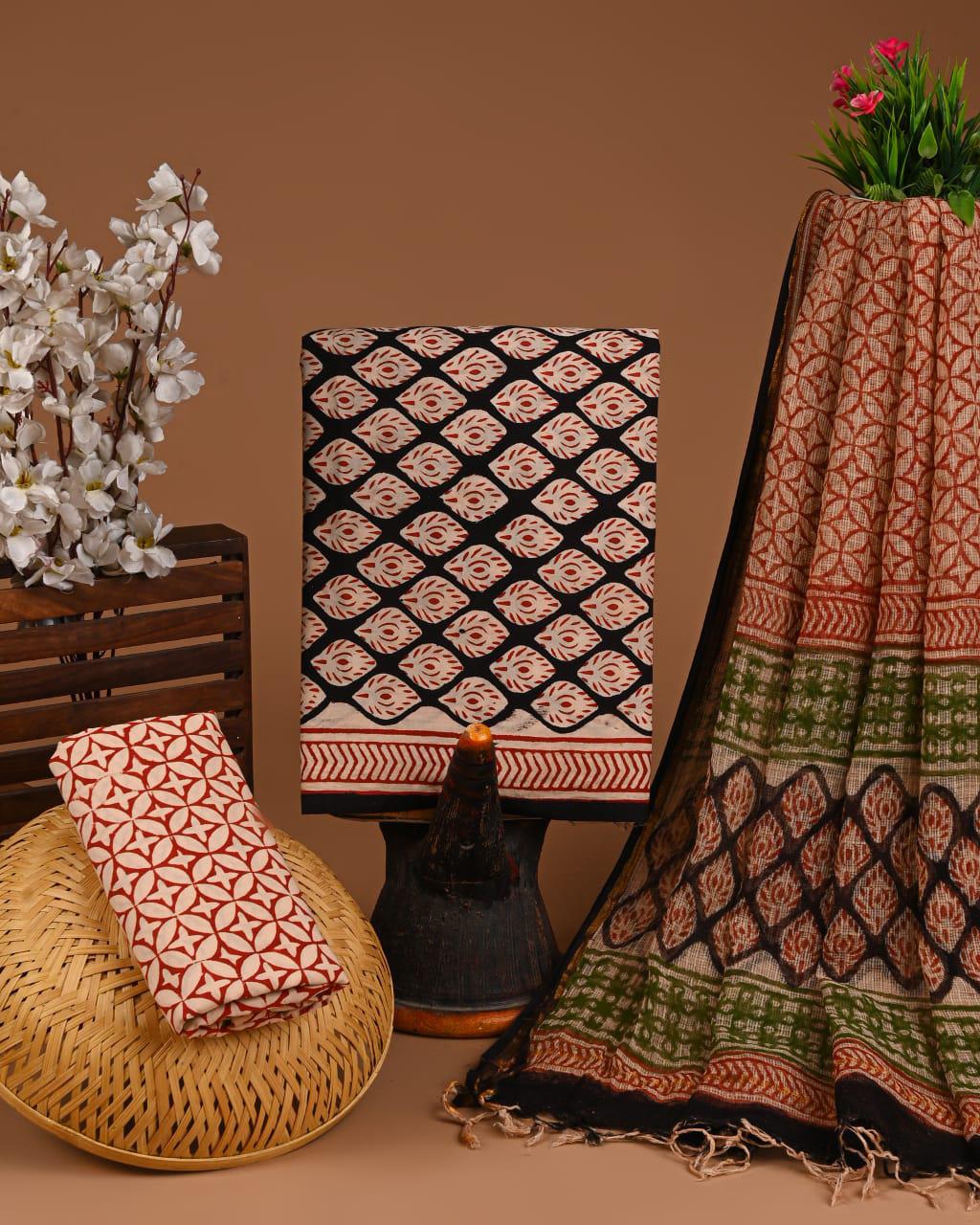 DESIGNER HAND BLOCK PRINT COTTON SUIT SET WITH KOTA DORIA DUPATTA