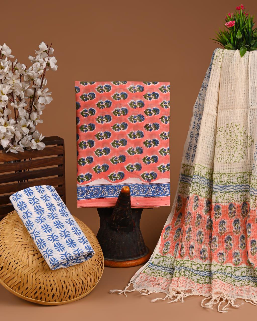 DESIGNER HAND BLOCK PRINT COTTON SUIT SET WITH KOTA DORIA DUPATTA