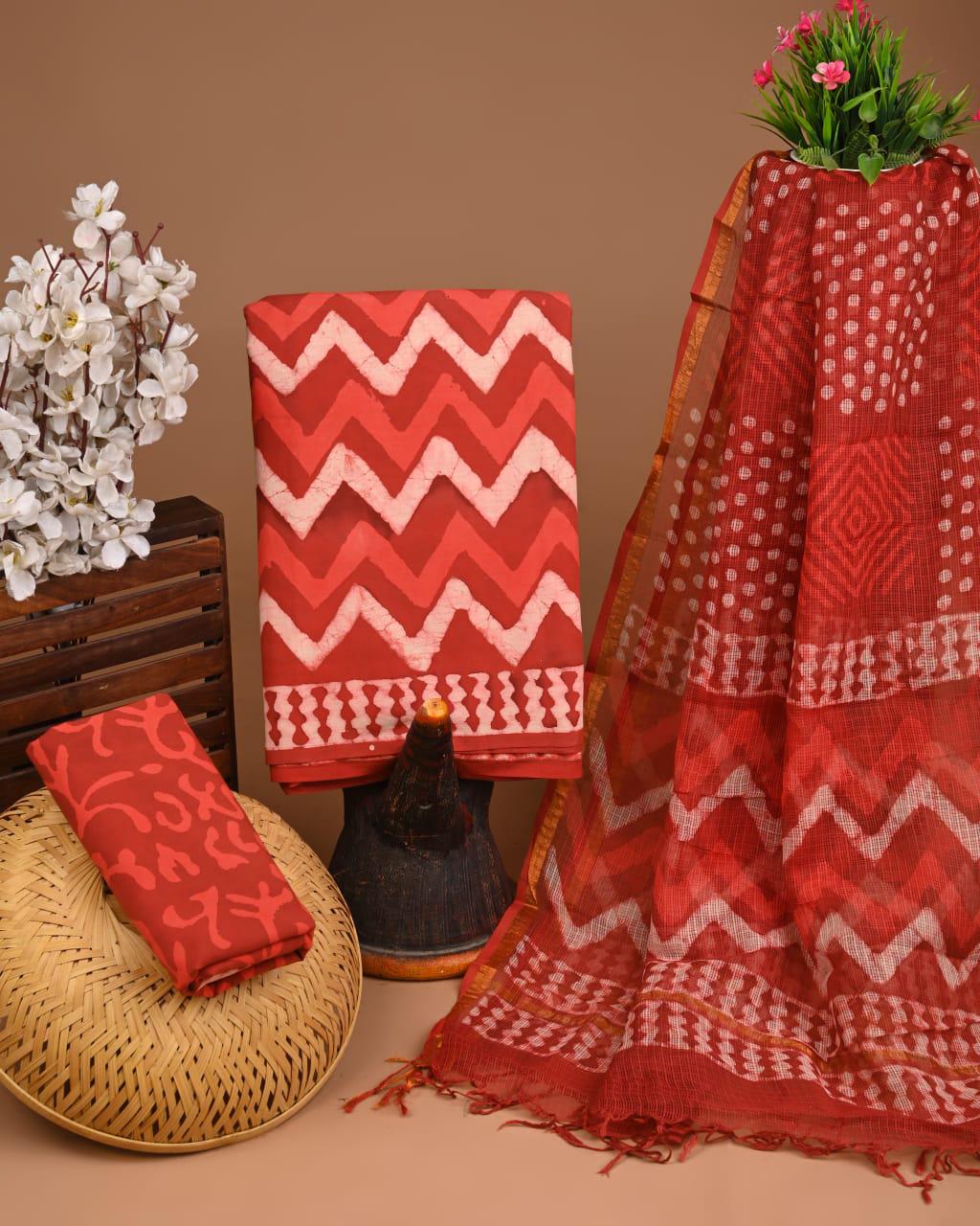 DESIGNER HAND BLOCK PRINT COTTON SUIT SET WITH KOTA DORIA DUPATTA