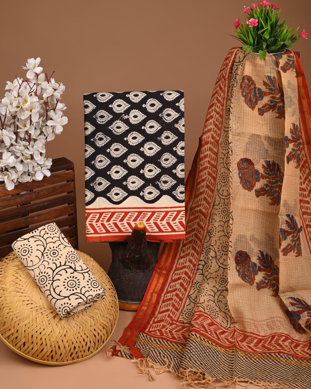DESIGNER HAND BLOCK PRINT COTTON SUIT SET WITH KOTA DORIA DUPATTA