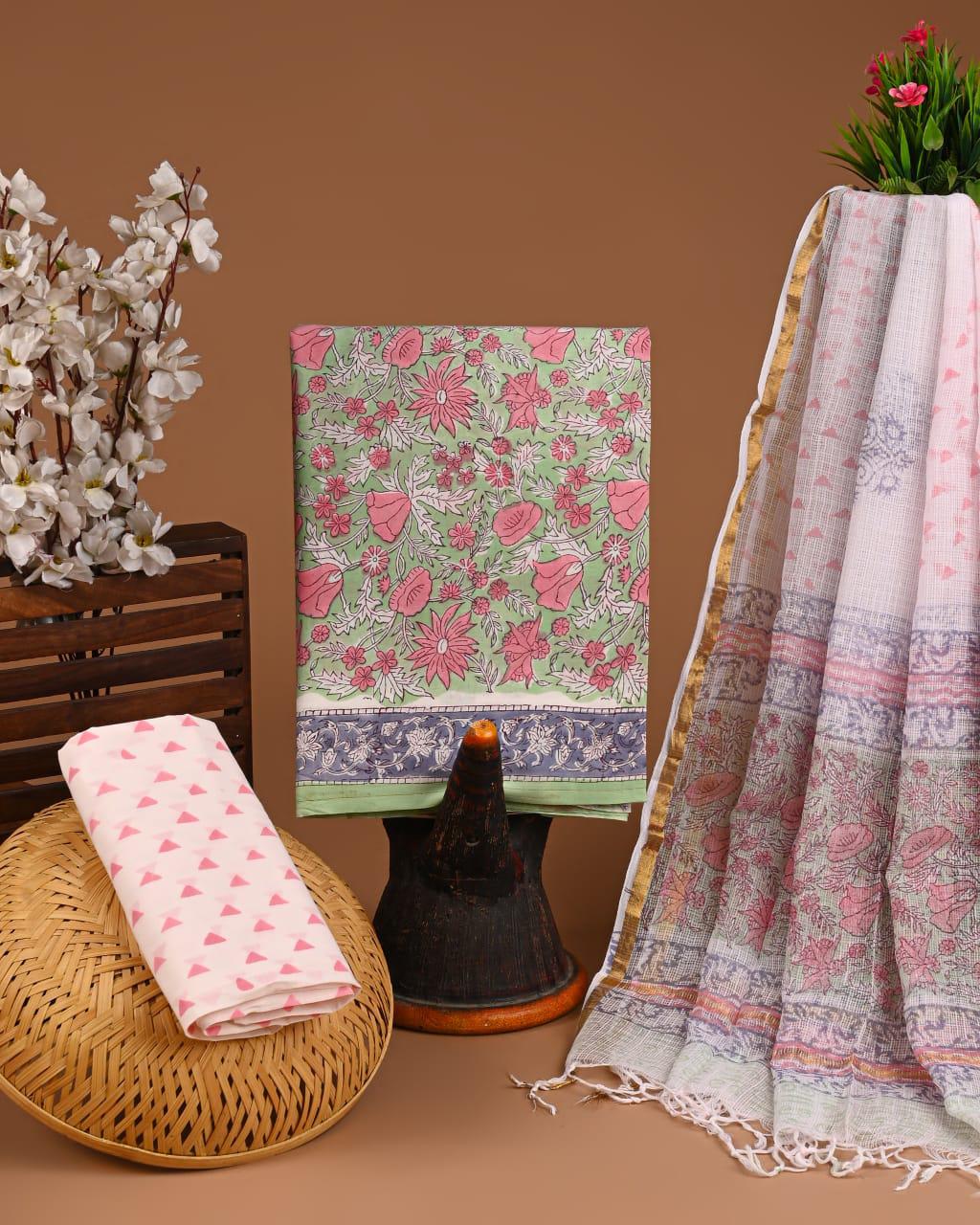 DESIGNER HAND BLOCK PRINT COTTON SUIT SET WITH KOTA DORIA DUPATTA