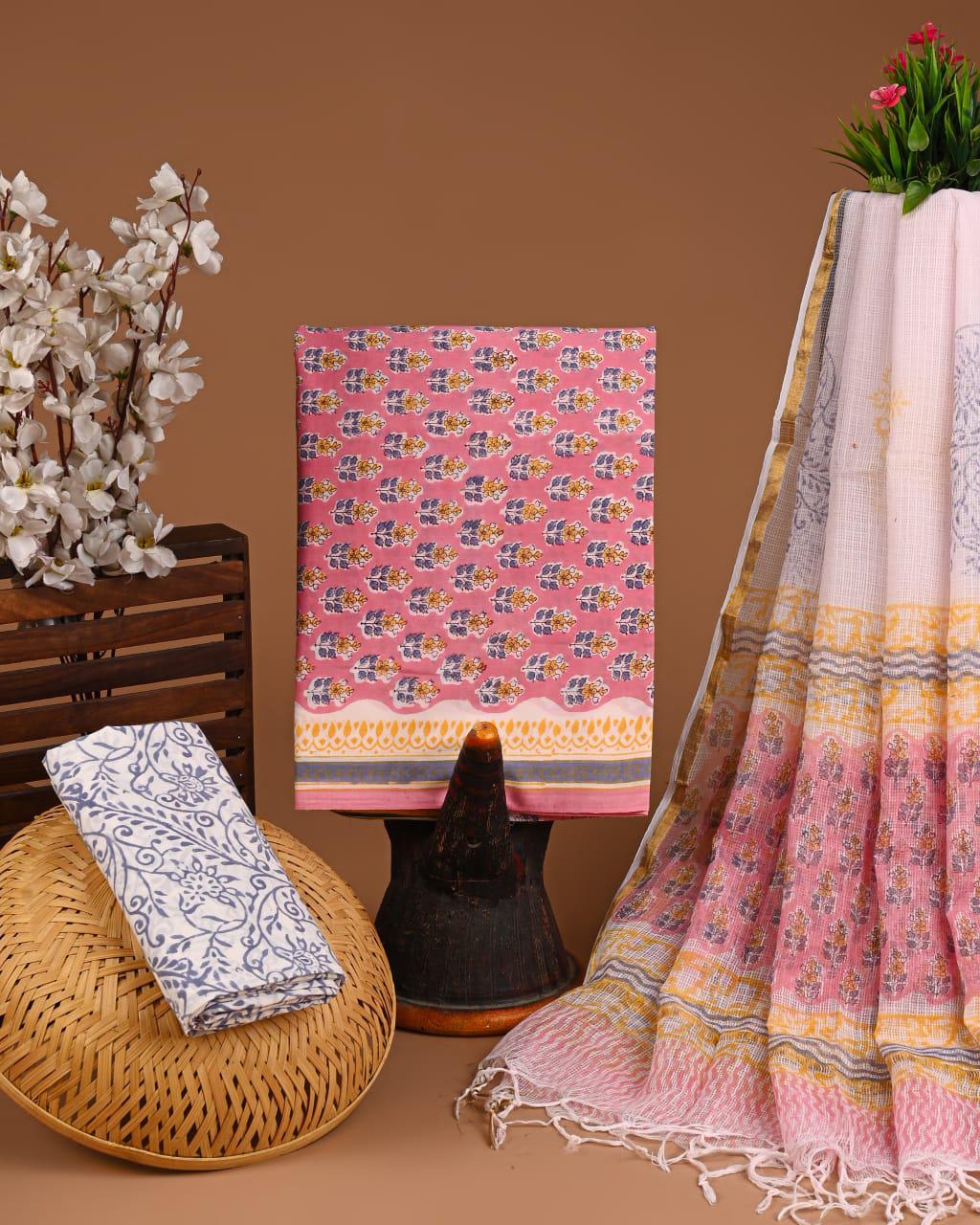 DESIGNER HAND BLOCK PRINT COTTON SUIT SET WITH KOTA DORIA DUPATTA