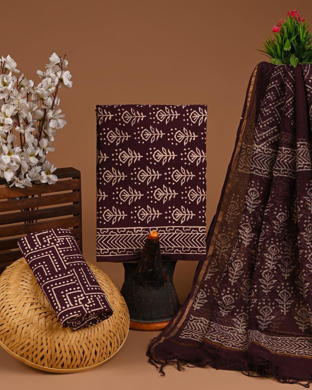 DESIGNER HAND BLOCK PRINT COTTON SUIT SET WITH KOTA DORIA DUPATTA