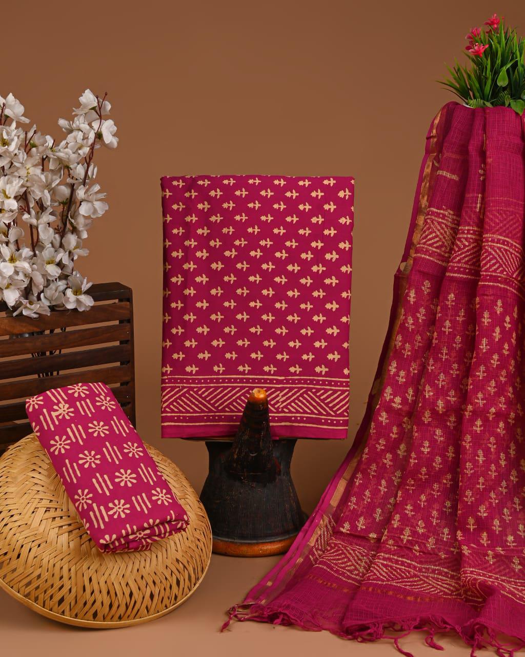 DESIGNER HAND BLOCK PRINT COTTON SUIT SET WITH KOTA DORIA DUPATTA