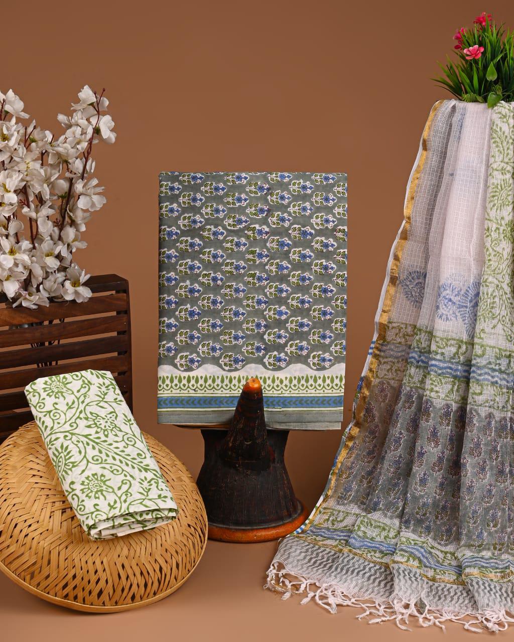 DESIGNER HAND BLOCK PRINT COTTON SUIT SET WITH KOTA DORIA DUPATTA