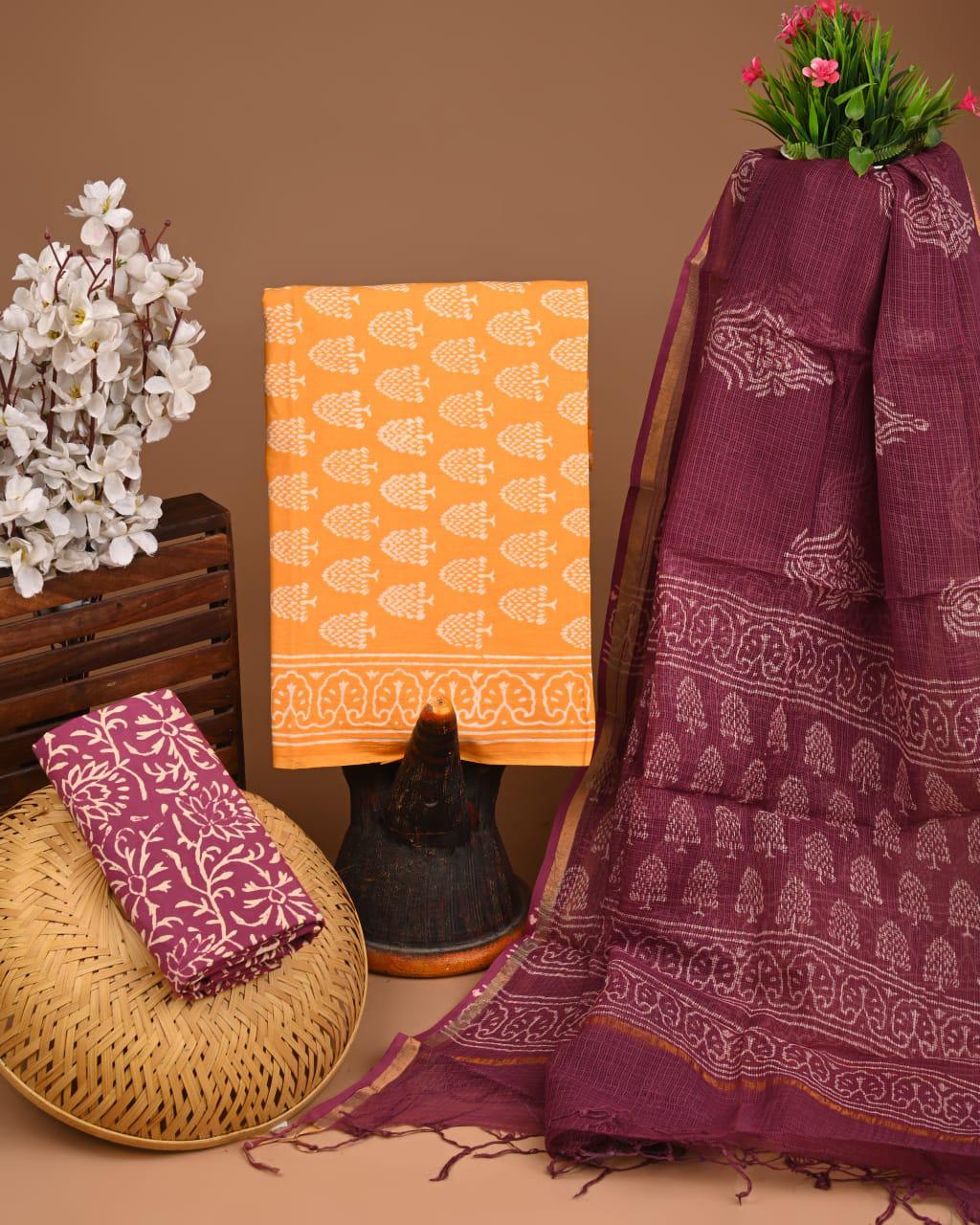 DESIGNER HAND BLOCK PRINT COTTON SUIT SET WITH KOTA DORIA DUPATTA