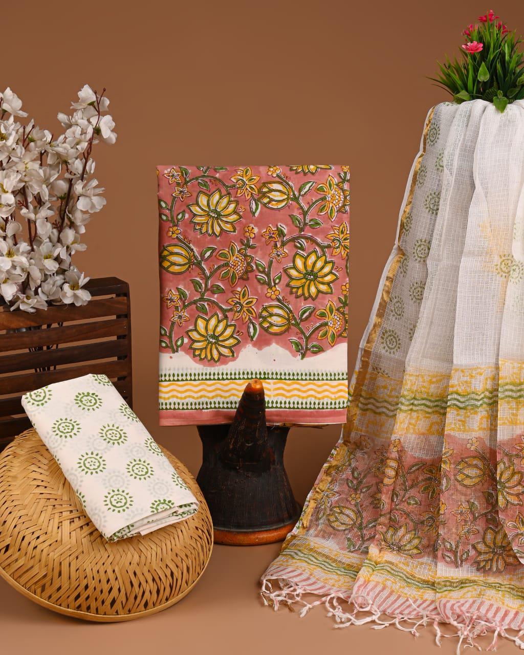 DESIGNER HAND BLOCK PRINT COTTON SUIT SET WITH KOTA DORIA DUPATTA