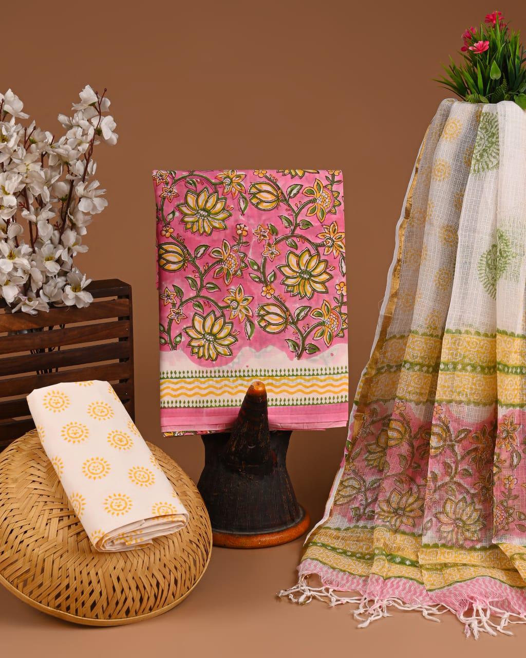 DESIGNER HAND BLOCK PRINT COTTON SUIT SET WITH KOTA DORIA DUPATTA