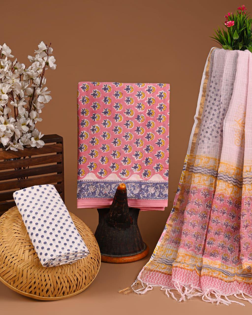 DESIGNER HAND BLOCK PRINT COTTON SUIT SET WITH KOTA DORIA DUPATTA