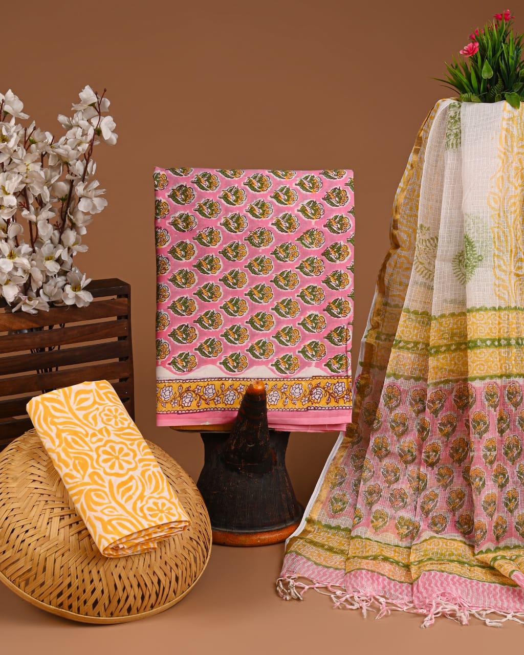 DESIGNER HAND BLOCK PRINT COTTON SUIT SET WITH KOTA DORIA DUPATTA