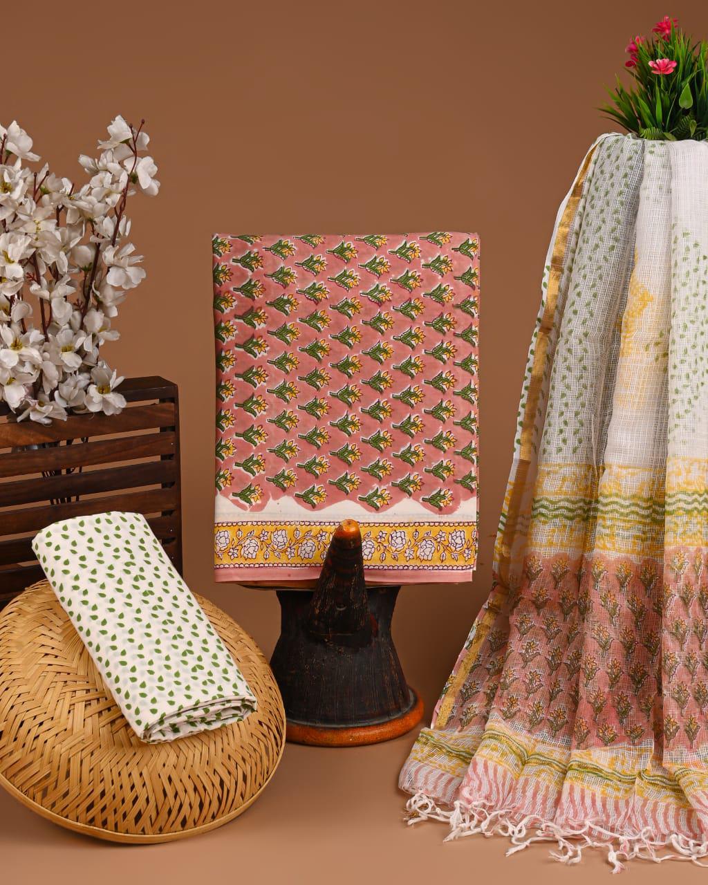 DESIGNER HAND BLOCK PRINT COTTON SUIT SET WITH KOTA DORIA DUPATTA