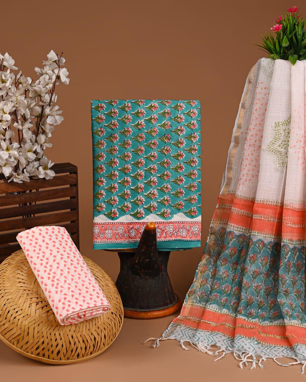 DESIGNER HAND BLOCK PRINT COTTON SUIT SET WITH KOTA DORIA DUPATTA