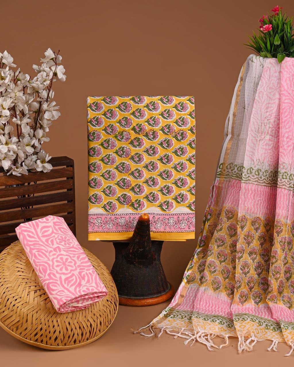 DESIGNER HAND BLOCK PRINT COTTON SUIT SET WITH KOTA DORIA DUPATTA