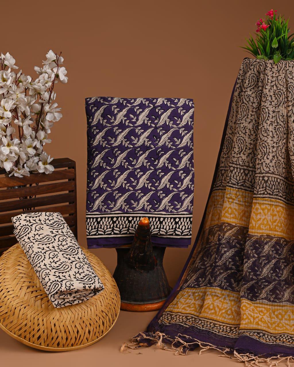 DESIGNER HAND BLOCK PRINT COTTON SUIT SET WITH KOTA DORIA DUPATTA