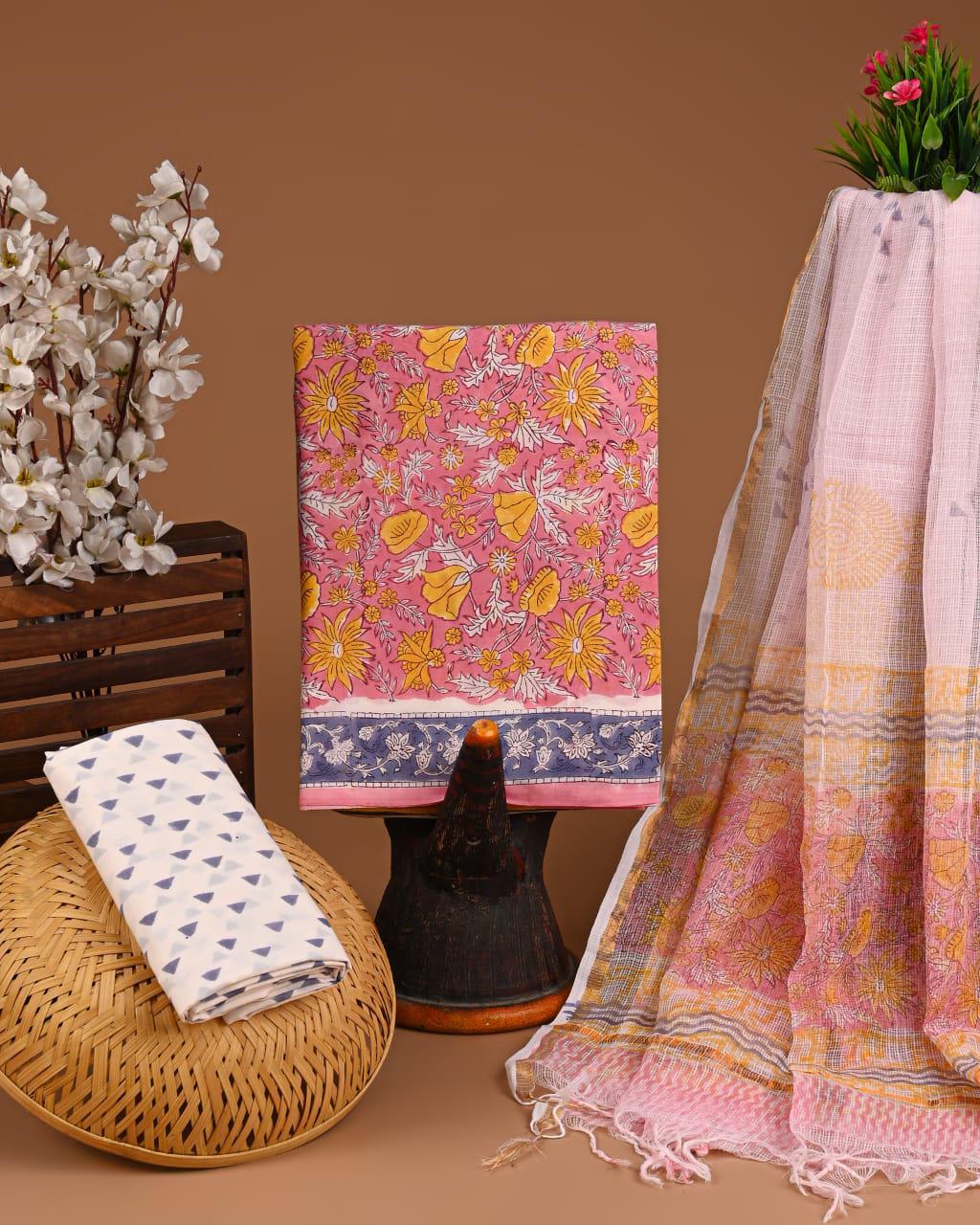 DESIGNER HAND BLOCK PRINT COTTON SUIT SET WITH KOTA DORIA DUPATTA