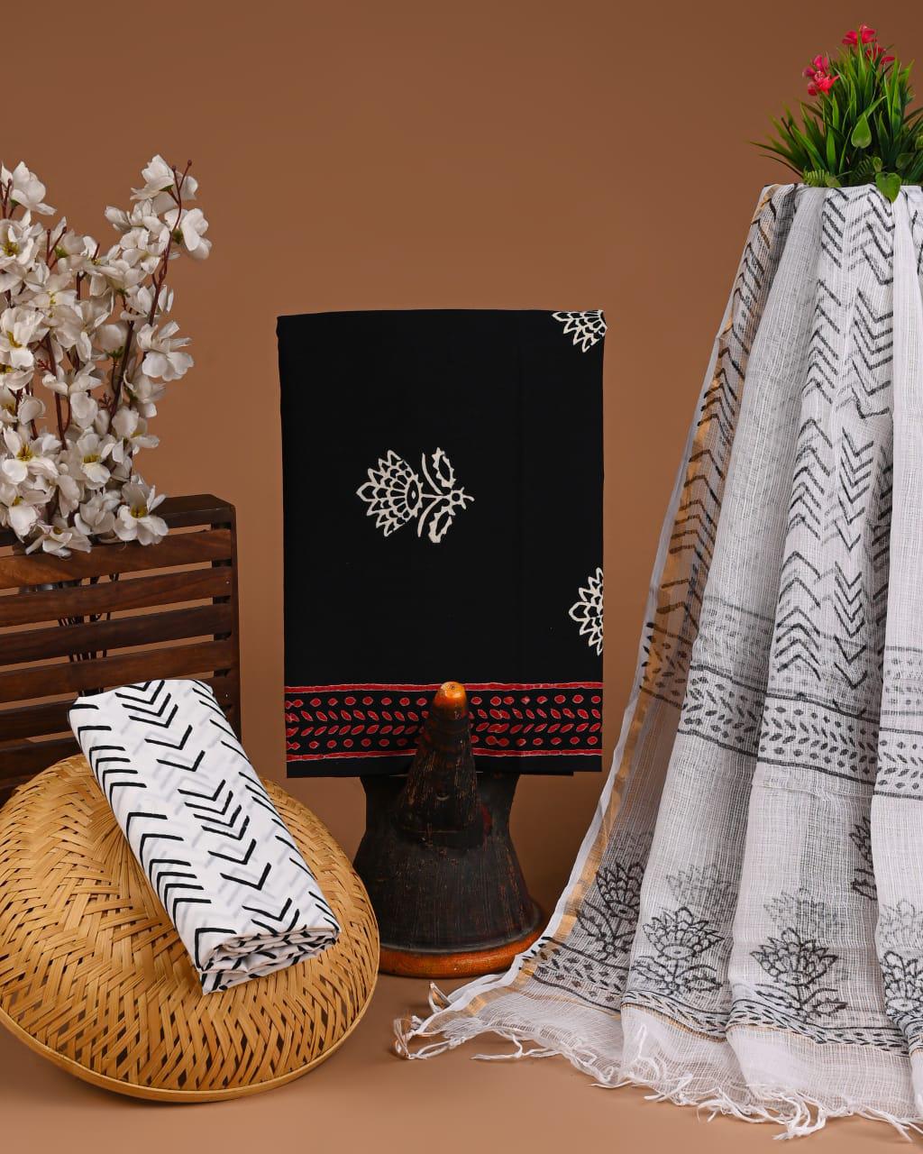 DESIGNER HAND BLOCK PRINT COTTON SUIT SET WITH KOTA DORIA DUPATTA