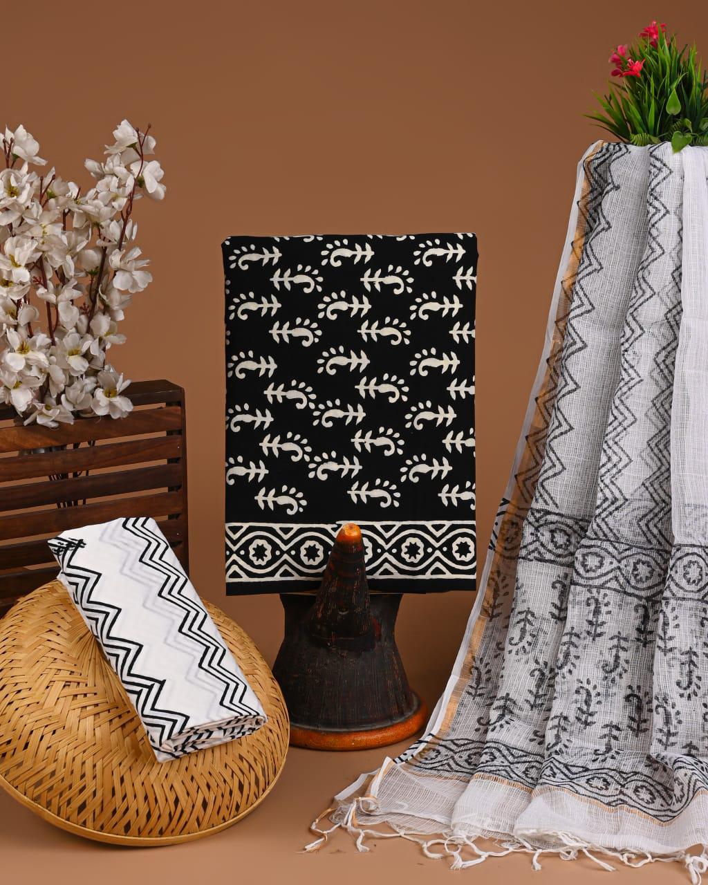 DESIGNER HAND BLOCK PRINT COTTON SUIT SET WITH KOTA DORIA DUPATTA
