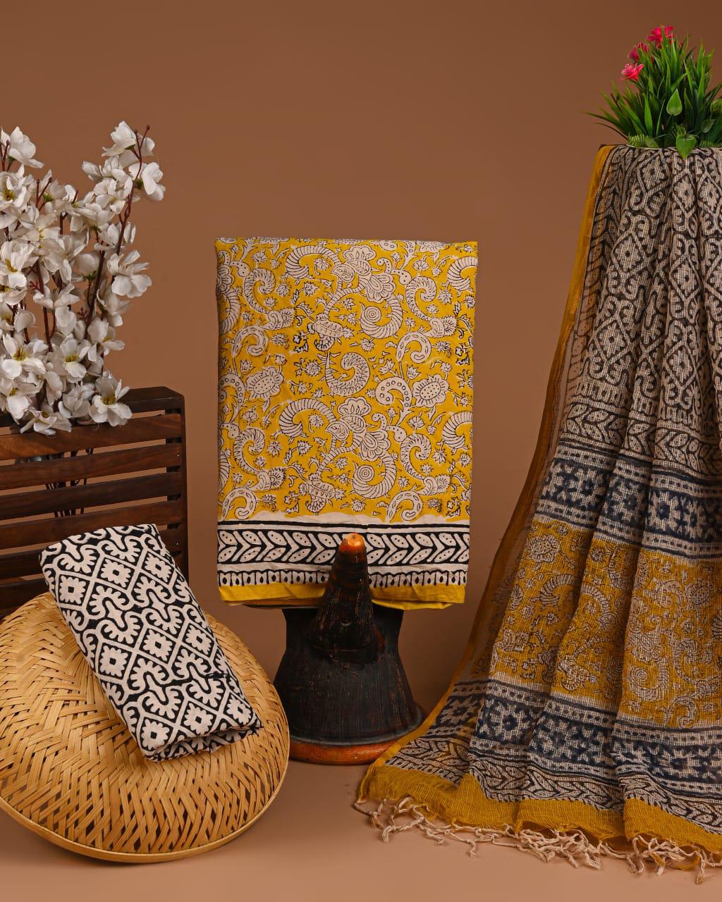 DESIGNER HAND BLOCK PRINT COTTON SUIT SET WITH KOTA DORIA DUPATTA