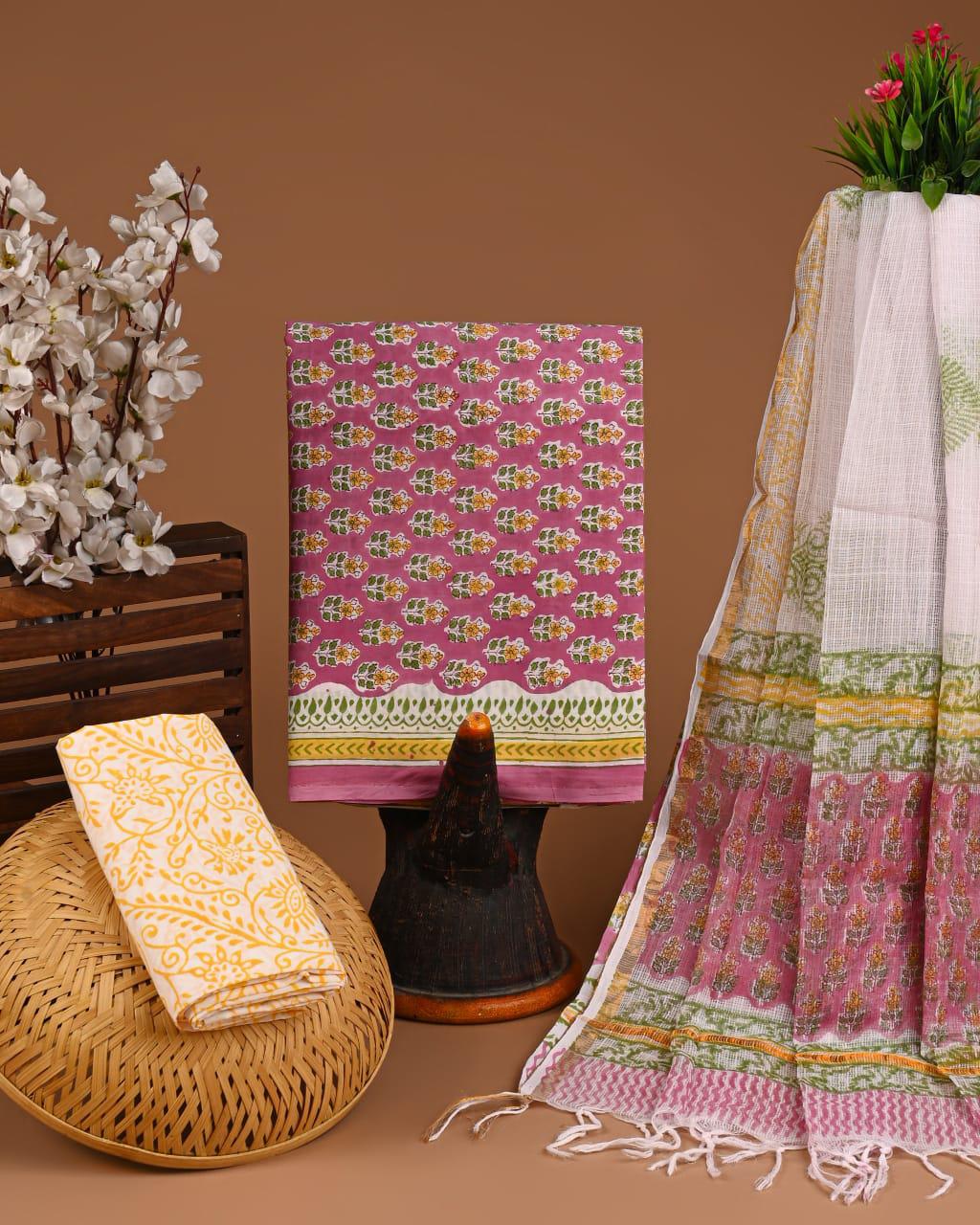 DESIGNER HAND BLOCK PRINT COTTON SUIT SET WITH KOTA DORIA DUPATTA