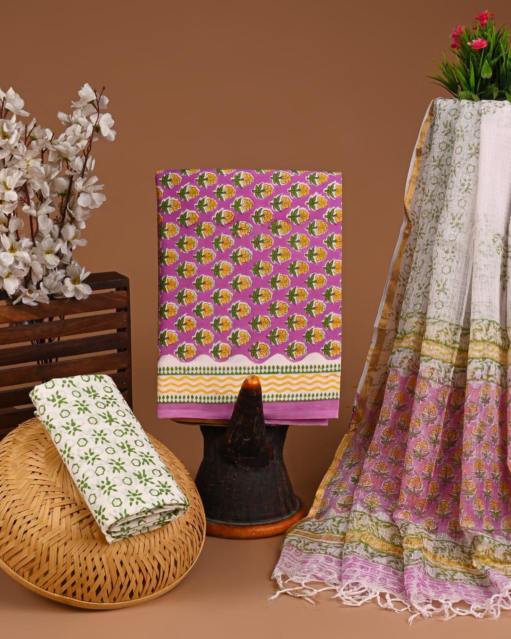 DESIGNER HAND BLOCK PRINT COTTON SUIT SET WITH KOTA DORIA DUPATTA