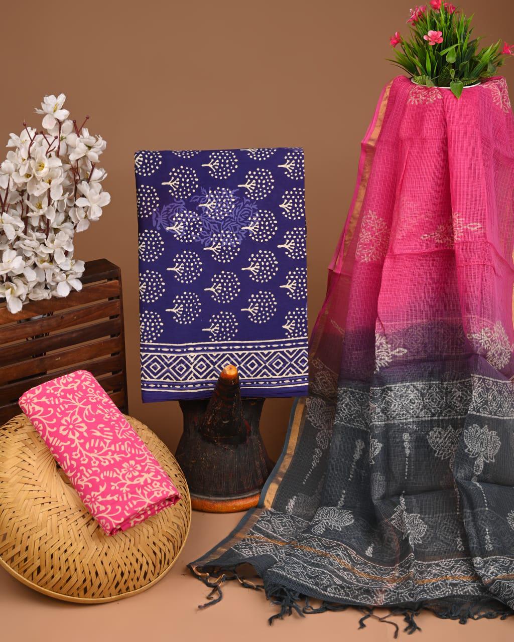 DESIGNER HAND BLOCK PRINT COTTON SUIT SET WITH KOTA DORIA DUPATTA