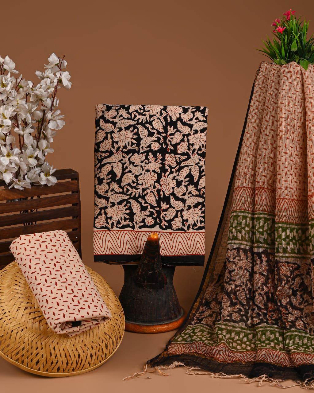 DESIGNER HAND BLOCK PRINT COTTON SUIT SET WITH KOTA DORIA DUPATTA