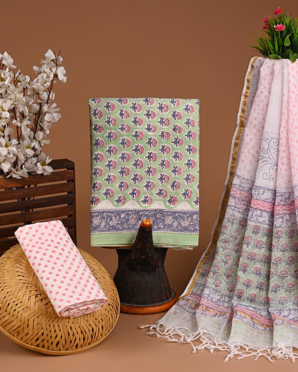 DESIGNER HAND BLOCK PRINT COTTON SUIT SET WITH KOTA DORIA DUPATTA