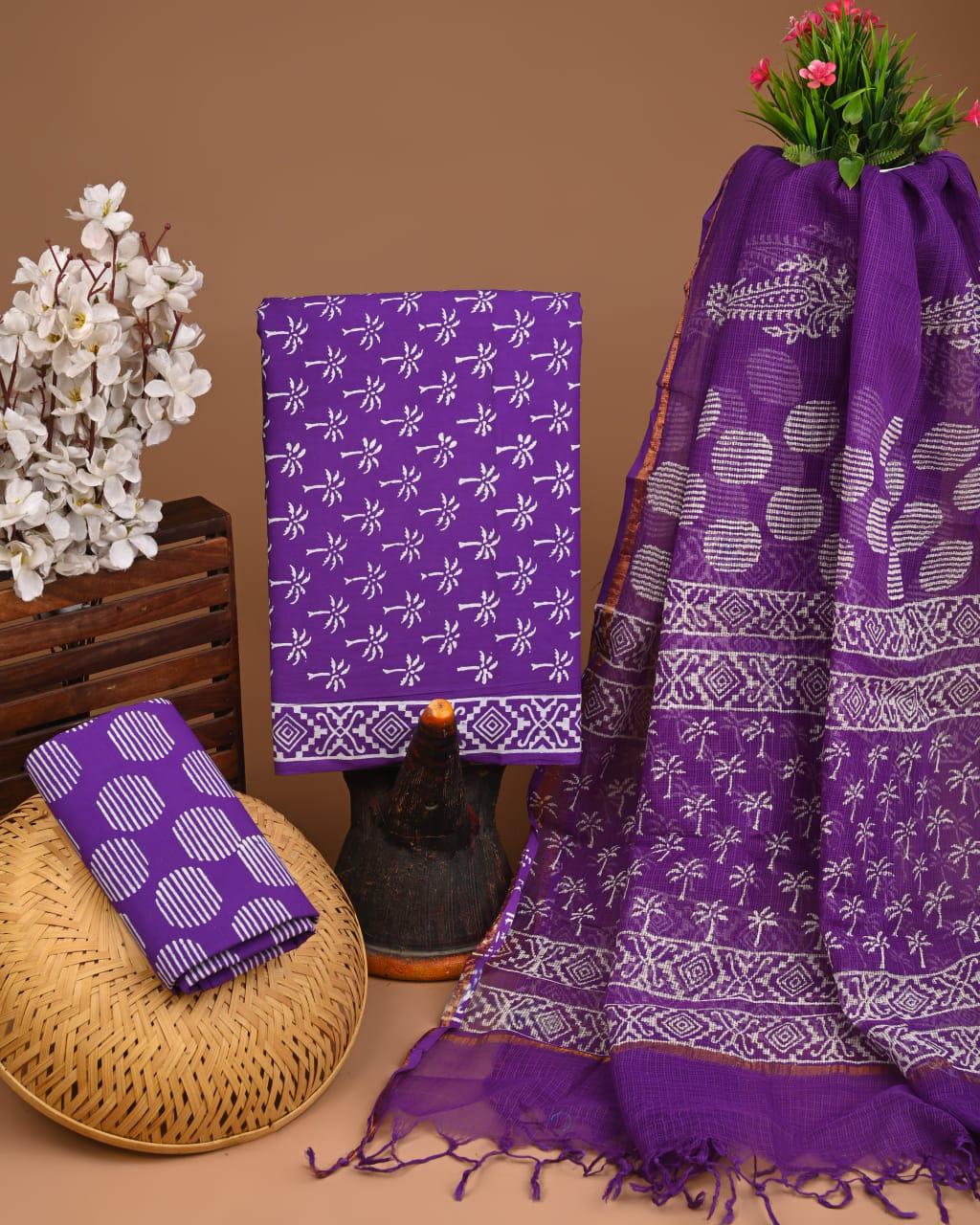 DESIGNER HAND BLOCK PRINT COTTON SUIT SET WITH KOTA DORIA DUPATTA