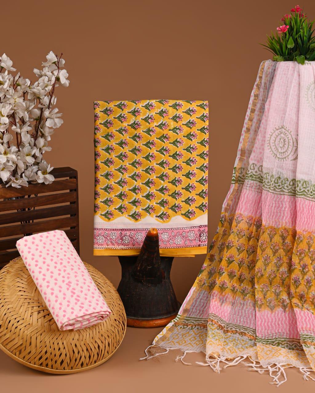 DESIGNER HAND BLOCK PRINT COTTON SUIT SET WITH KOTA DORIA DUPATTA