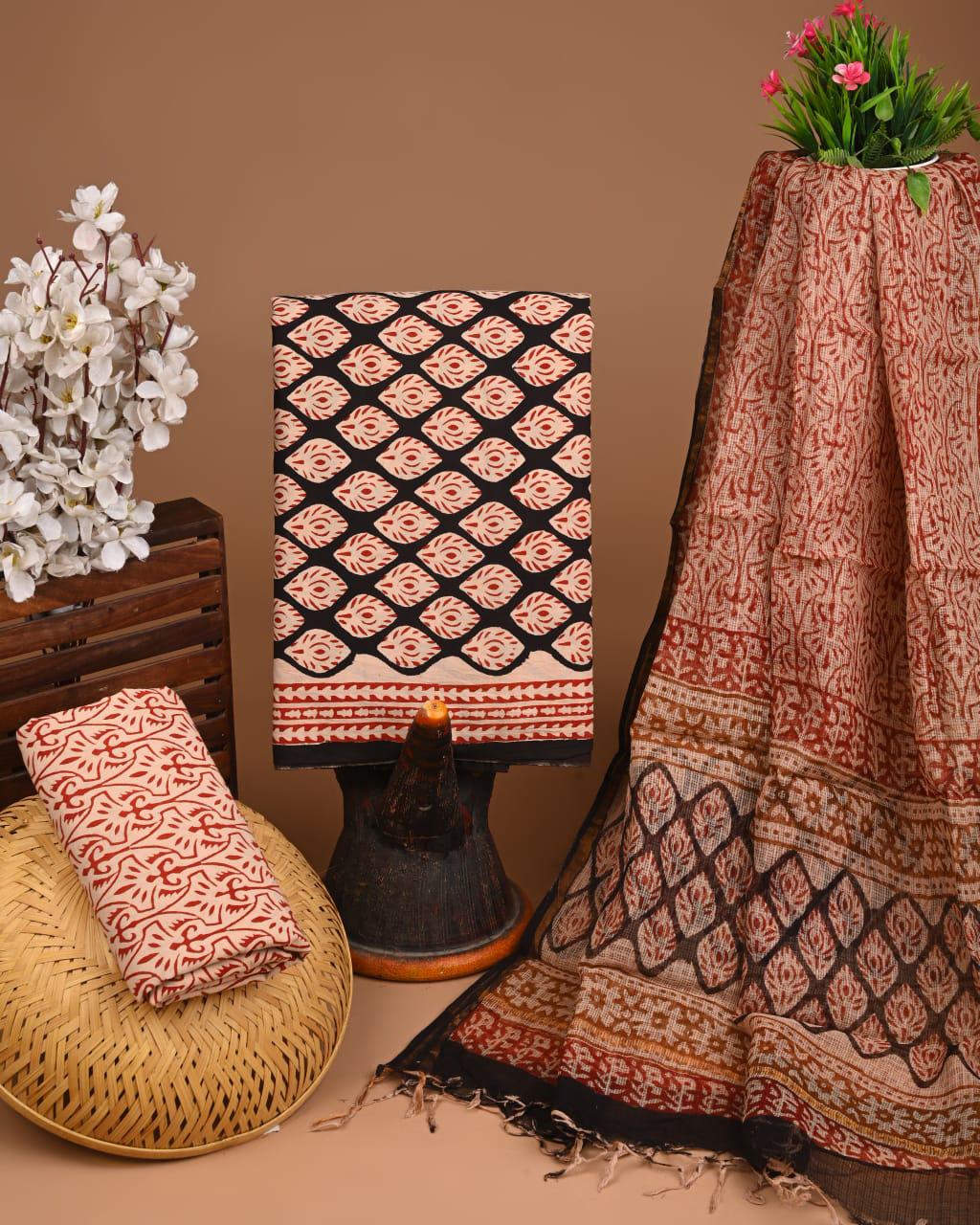 DESIGNER HAND BLOCK PRINT COTTON SUIT SET WITH KOTA DORIA DUPATTA