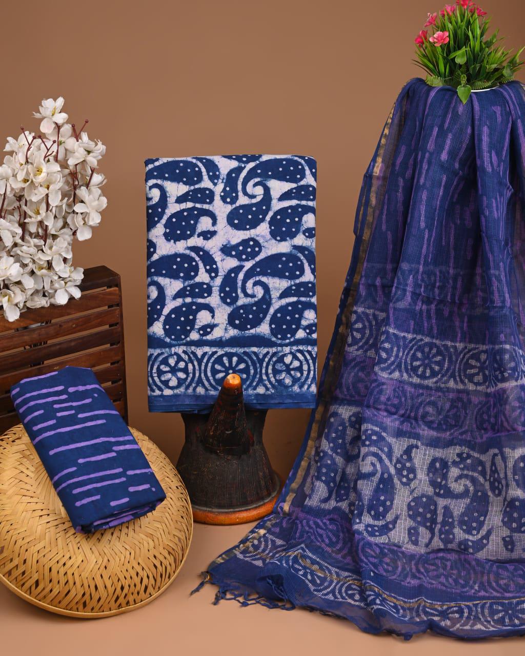 DESIGNER HAND BLOCK PRINT COTTON SUIT SET WITH KOTA DORIA DUPATTA