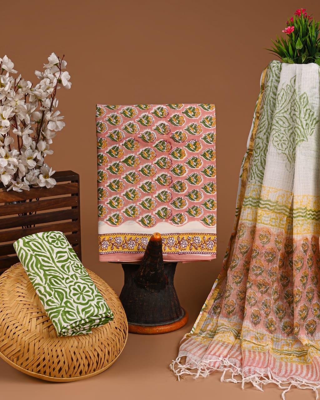 DESIGNER HAND BLOCK PRINT COTTON SUIT SET WITH KOTA DORIA DUPATTA