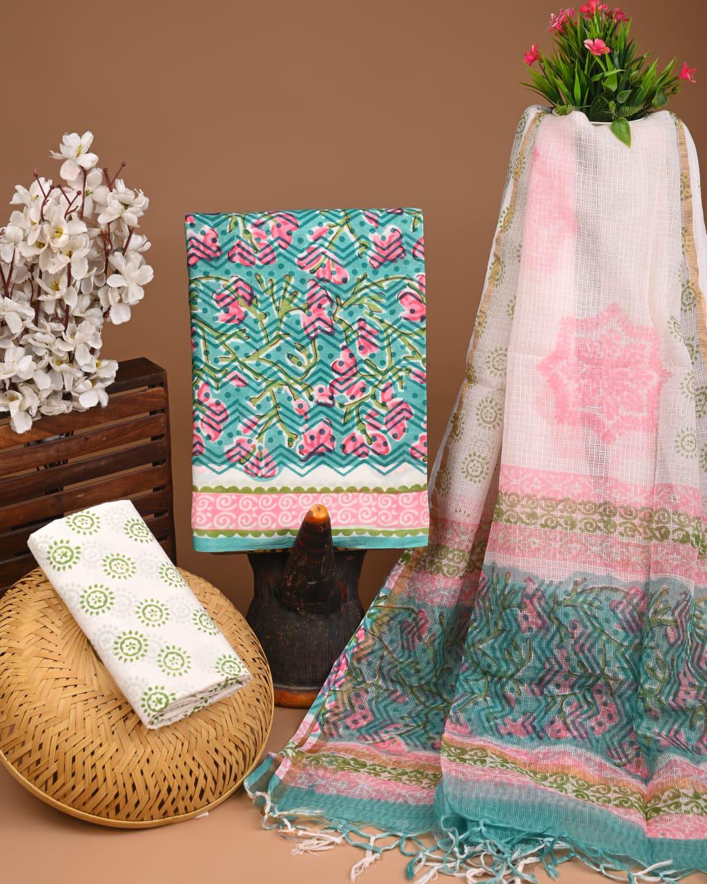 DESIGNER HAND BLOCK PRINT COTTON SUIT SET WITH KOTA DORIA DUPATTA