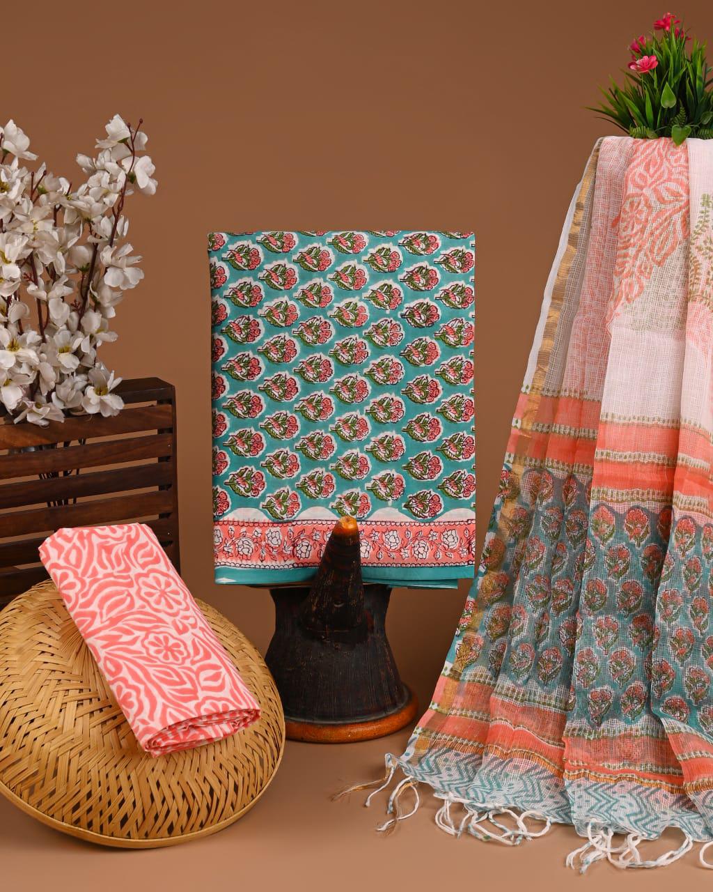 DESIGNER HAND BLOCK PRINT COTTON SUIT SET WITH KOTA DORIA DUPATTA