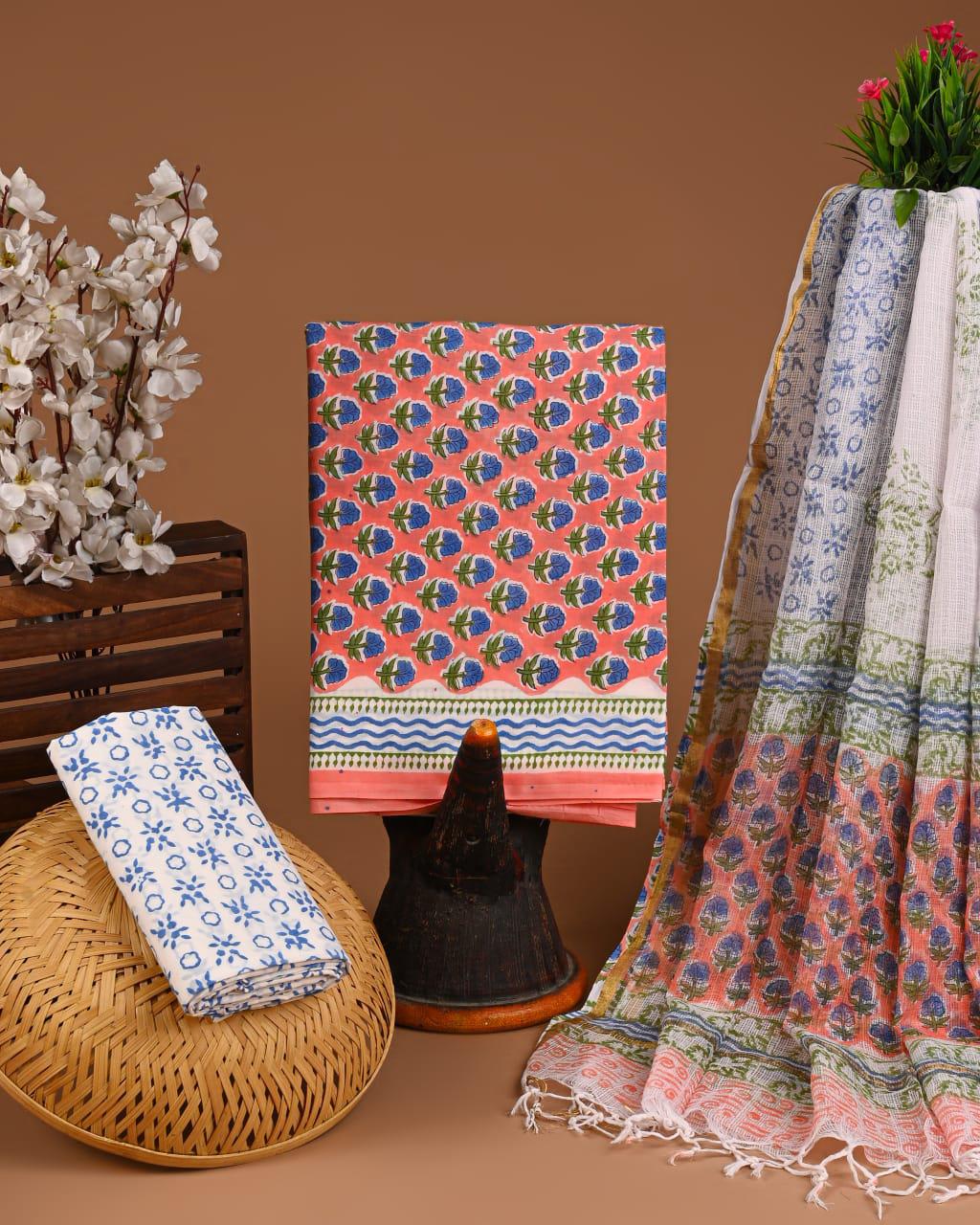 DESIGNER HAND BLOCK PRINT COTTON SUIT SET WITH KOTA DORIA DUPATTA