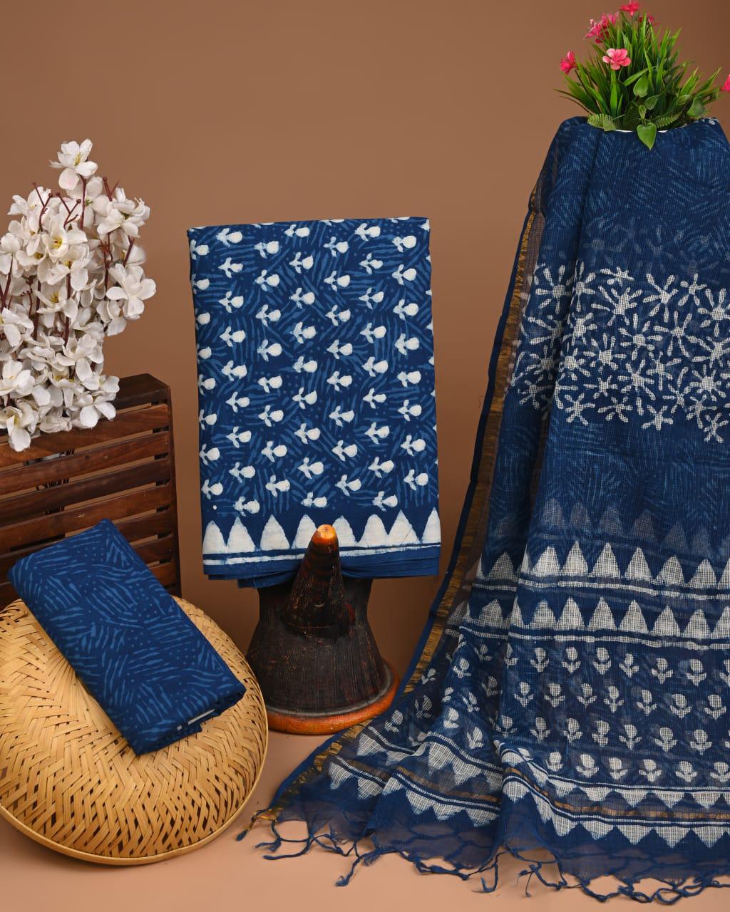 DESIGNER HAND BLOCK PRINT COTTON SUIT SET WITH KOTA DORIA DUPATTA