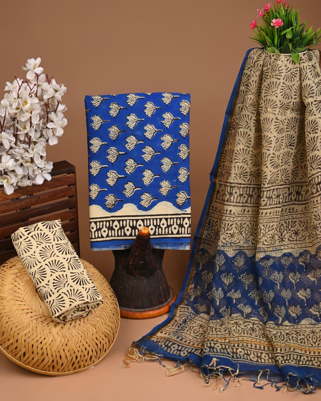 DESIGNER HAND BLOCK PRINT COTTON SUIT SET WITH KOTA DORIA DUPATTA