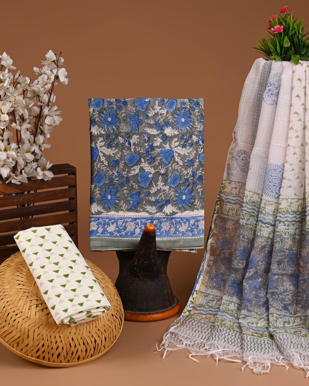 DESIGNER HAND BLOCK PRINT COTTON SUIT SET WITH KOTA DORIA DUPATTA